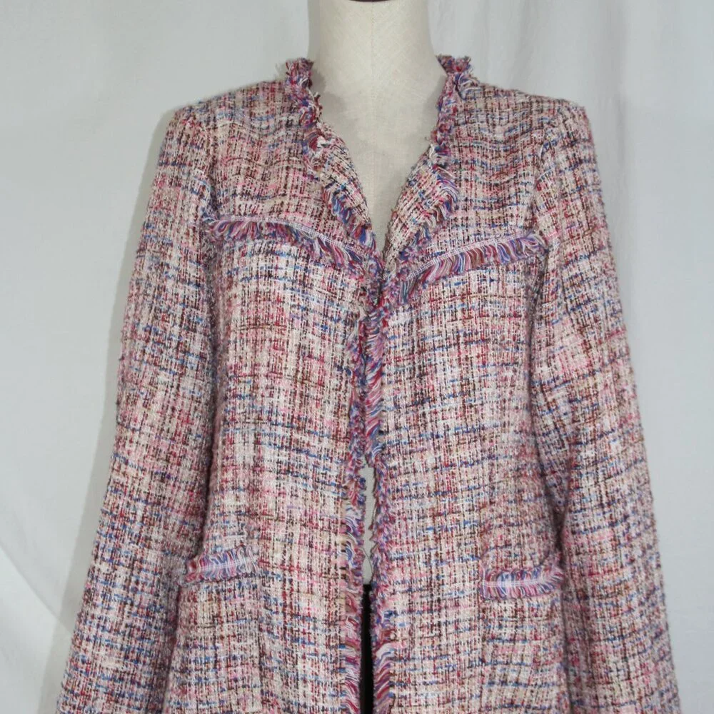 Laundry By Shelli Segal Fringe Pink Tweed Walker Coat Outerwear L Open Blazer - Picture 2 of 9